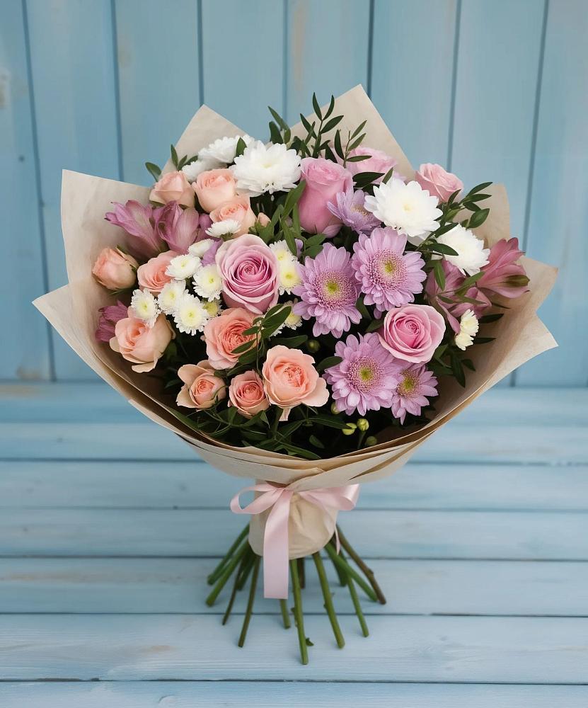 Букет цветов из: Хризантемы, Розы и Альстромерии в Берёзовке Алтайского края