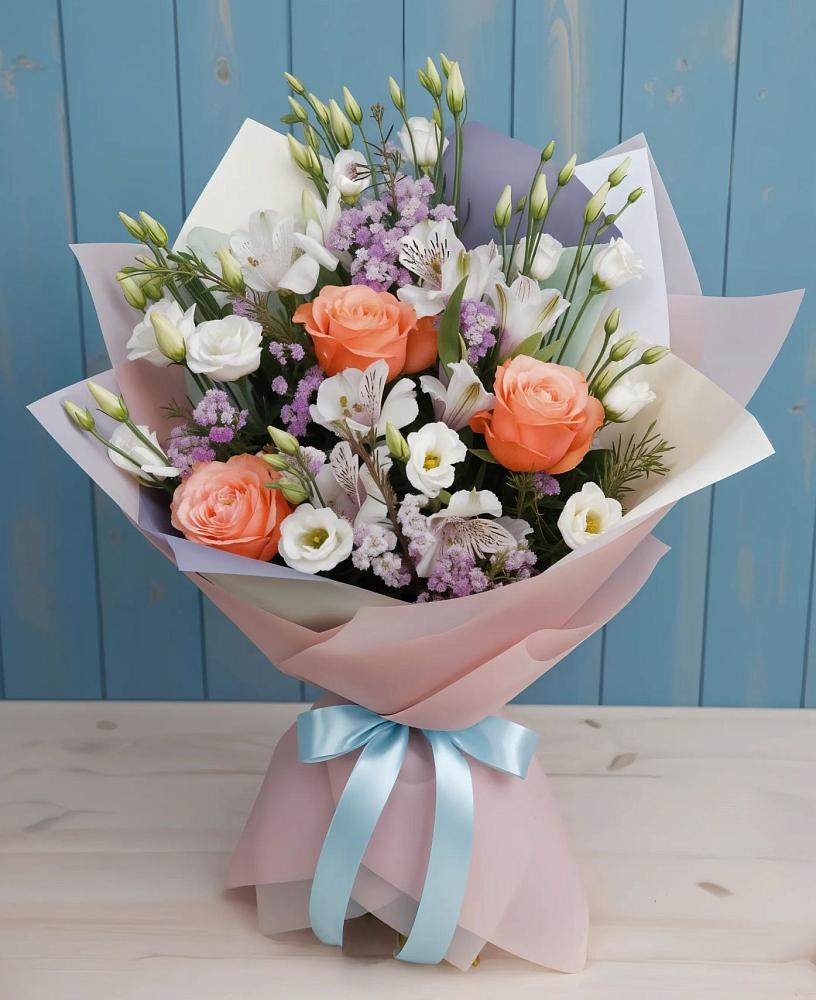 Букет цветов из: Лизиантусы, Розы, Альстромерии и Гипсофила в Берёзовке Алтайского края