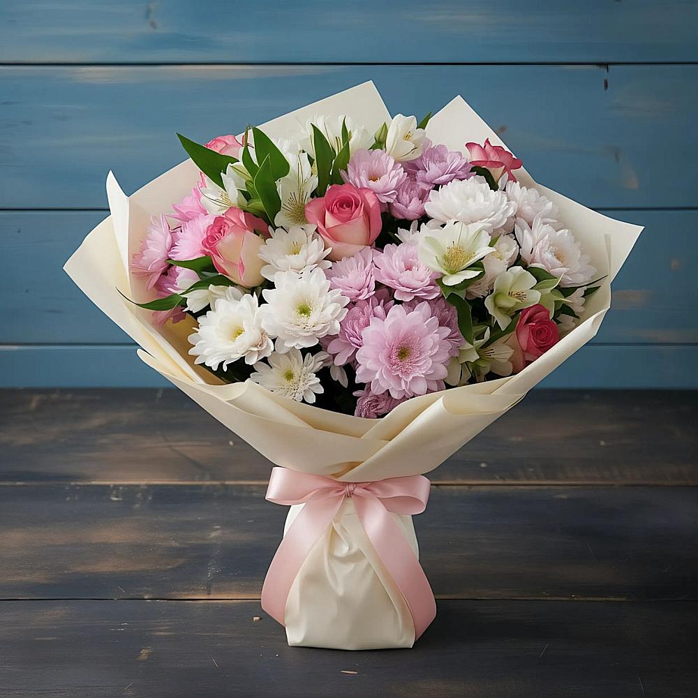 Букет цветов из: Хризантемы, Альстромерии и Розы в Берёзовке Алтайского края